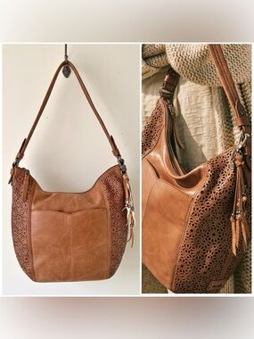 The Sak Leather Sequoia Laser Cut Hobo Shoulder Bucket Bag Tobacco Moroccan Tan